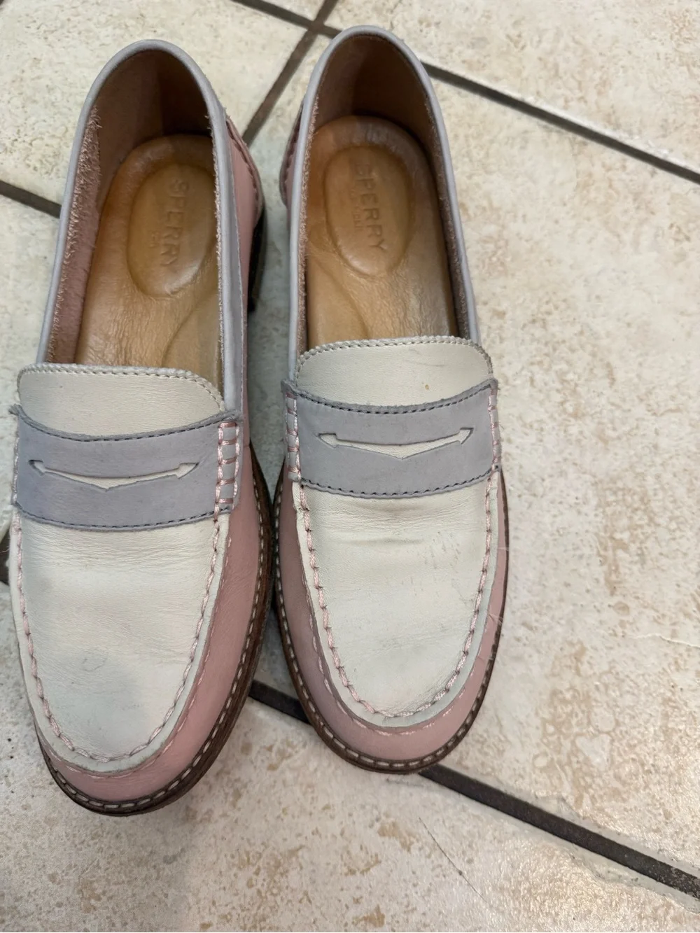 Sperry Women's Pink, Gray & White Leather Penny Loafers